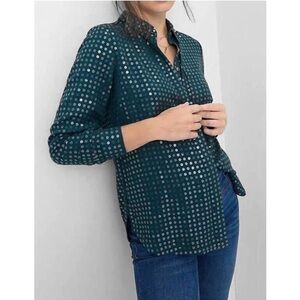 Anthropologie Pilcro James Sequin Deep Teal Green Button Front Long Sleeve Top